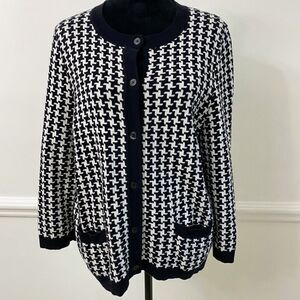 Lands' End Houndstooth Black White Cardigan Sweater Womens L/P Large Petite
